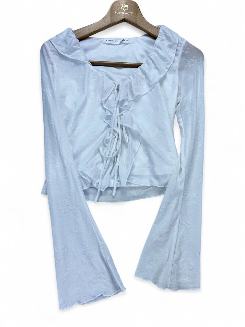 Altar'd State Sheer Sleeve Ruffle Tie-Front Long Sleeve Top S